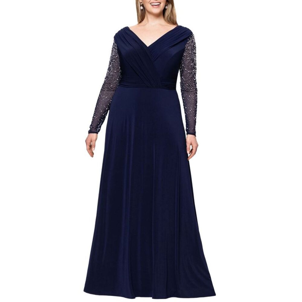 Betsy & Adam Womens Plus Size Beaded Sleeve V Neck Gown 14W Navy/Silver NWT $289